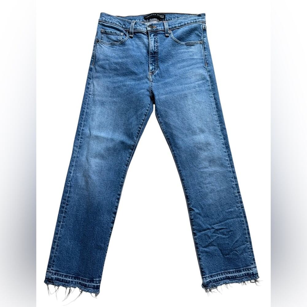Veronica Beard Mid-Blue Straight Leg Raw Hem Jeans